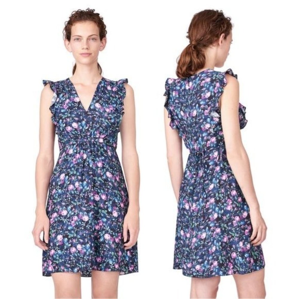 REBECCA TAYLOR Ruby Dress Floral Ruffle Hammered Silk Dress Size 6